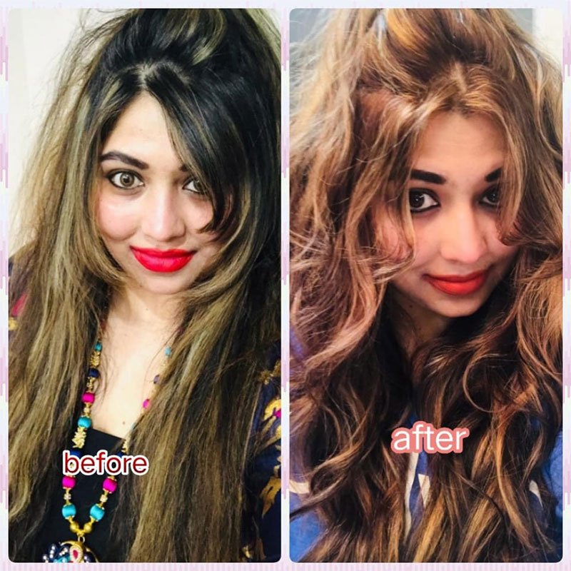 Before and after hair color: grown-out highlights to warm honey-caramel waves.
